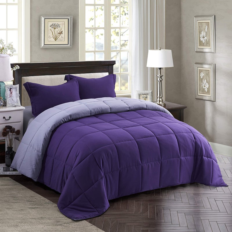 Hi -G HIG 3pc Down Alternative Comforter Set - All Season Reversible Comforter with Two Shams - Quilted Duvet Insert with Corner Tabs - Box Stitched - Super Soft, Fluffy (Full/Queen, Purple) - Image 2